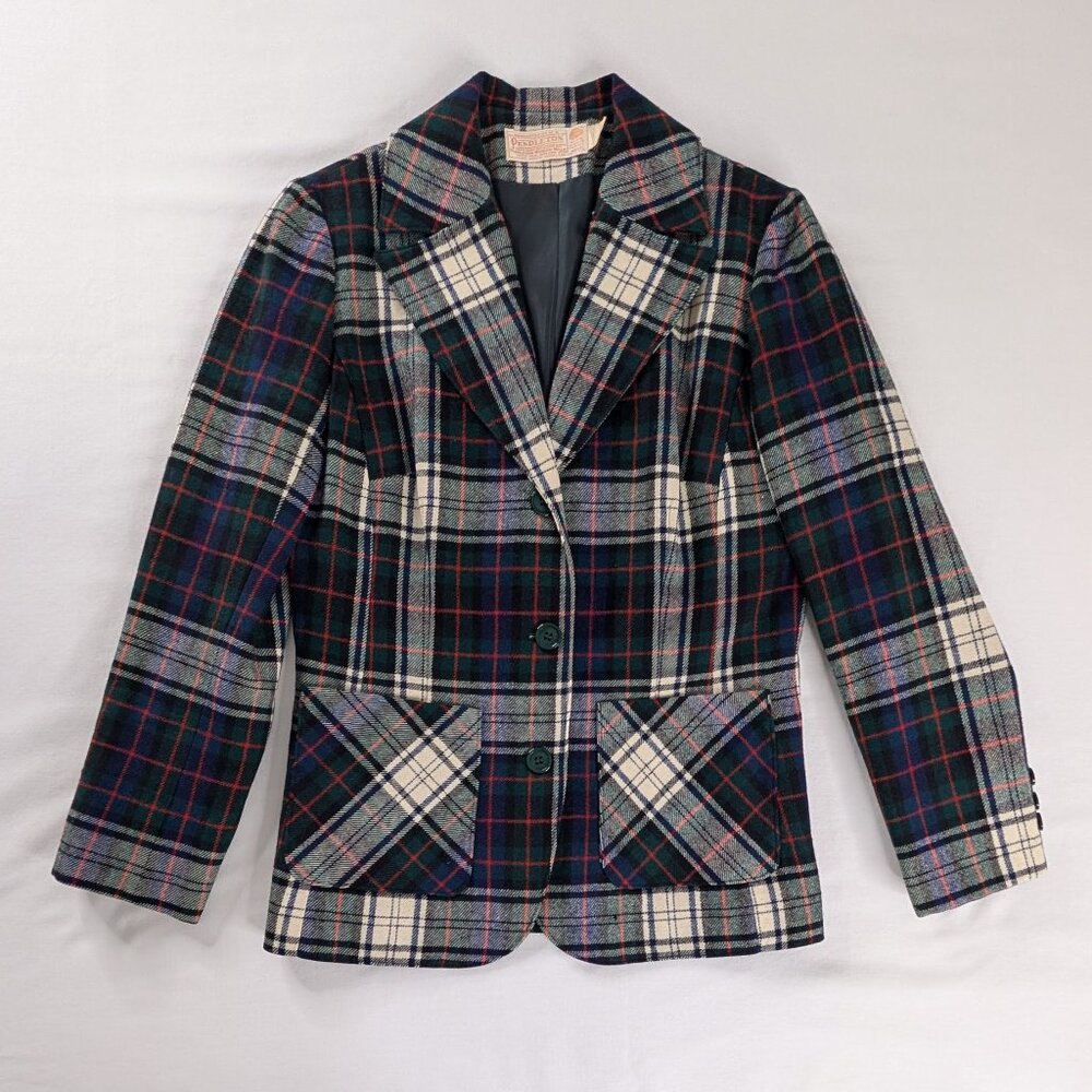 Pendleton VTG Green White Blue Wool Tartan Plaid Button Front Blazer Jacket
